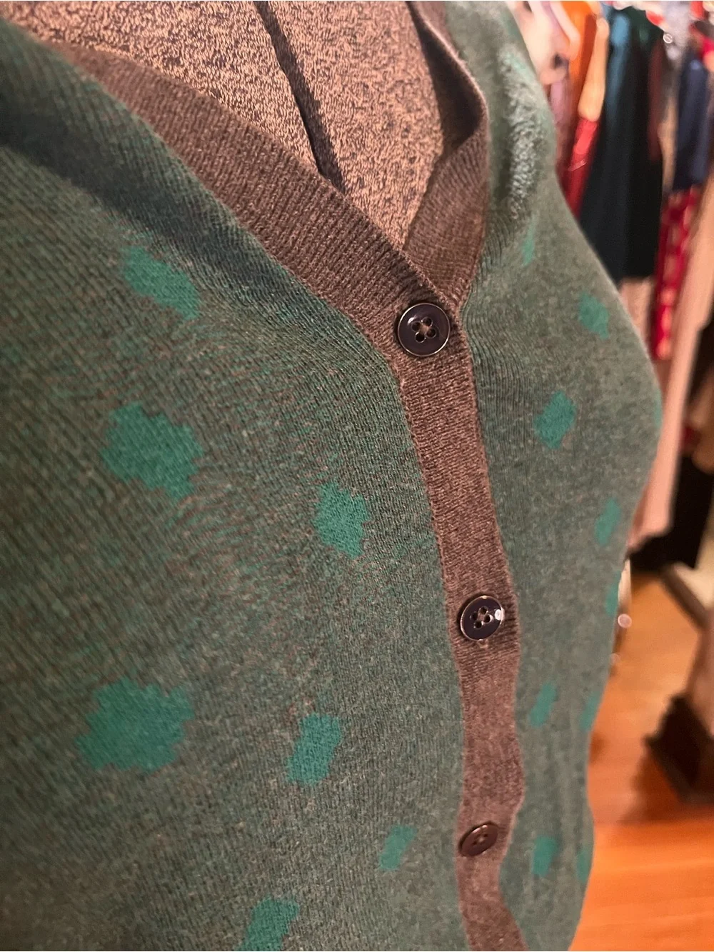 CAbi Green Polka Dot V-Neck Cardigan